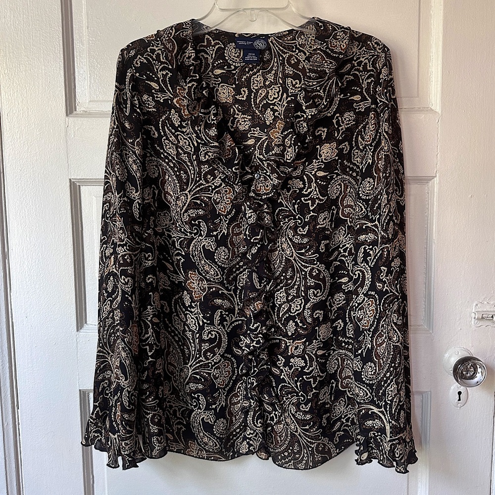 Venezia Silk Blouse Ruffle Flutter Sleeve‎ Brown Paisley Fairy Peasant Boho Y2K
